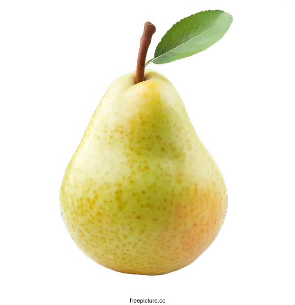 [Transparent Background PNG]Fresh Green Pear with Leaf on White Background