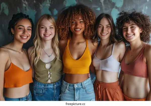 Portrait of a group of five young multiracial women smiling together