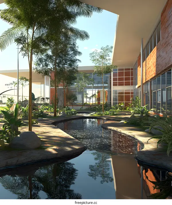 Modern Architecture with Pond and Palm Trees in the Courtyard