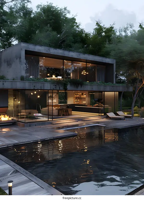 Modern House with Swimming Pool and Large Windows