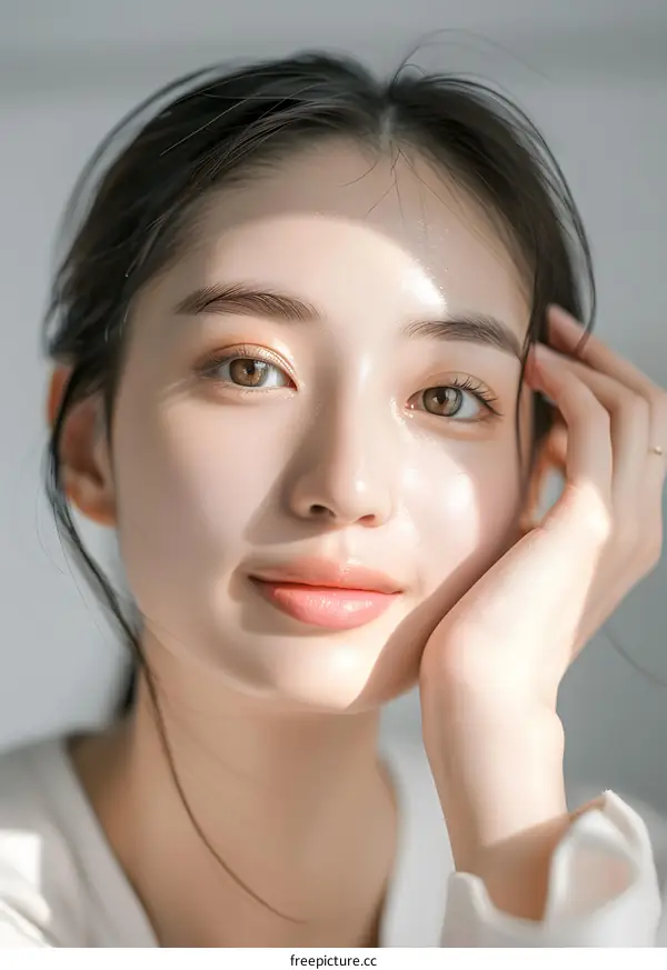 Beautiful Asian Woman With Soft Skin Smiling Close Up Portrait