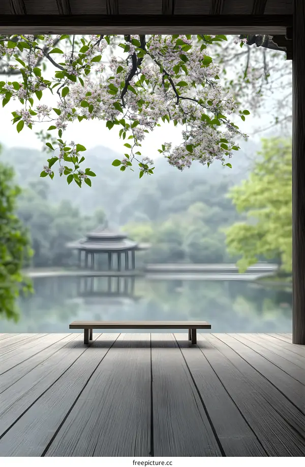 Wooden Bench in Front of Tranquil Chinese Garden