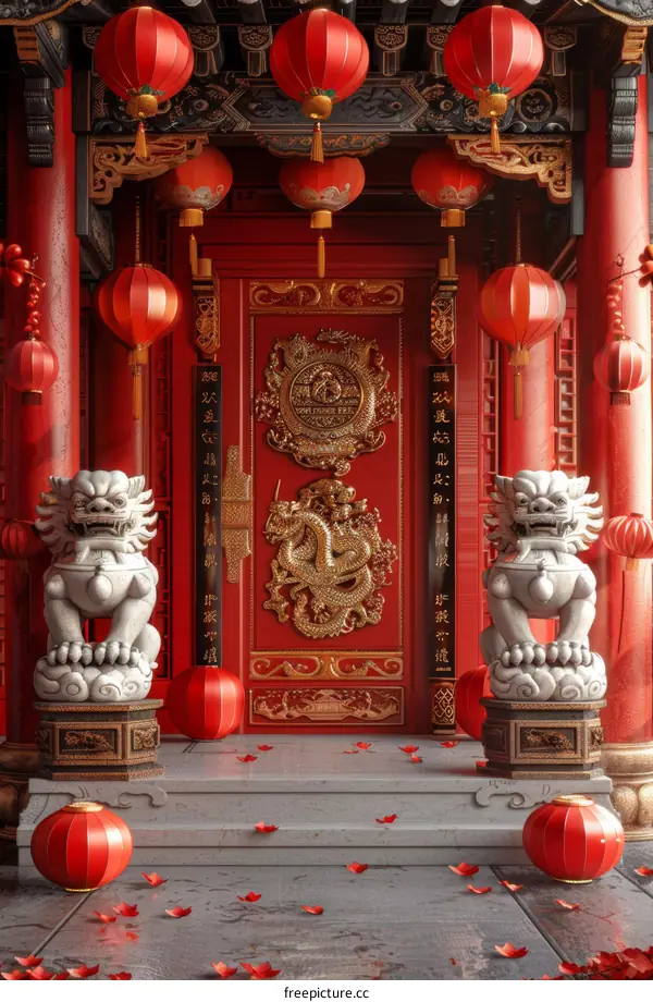 Traditional Chinese Temple Entrance Decorated for New Year