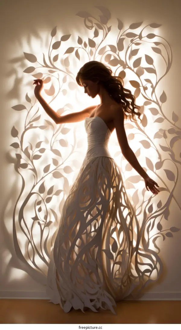 Fashion model posing in front of a papercut forest