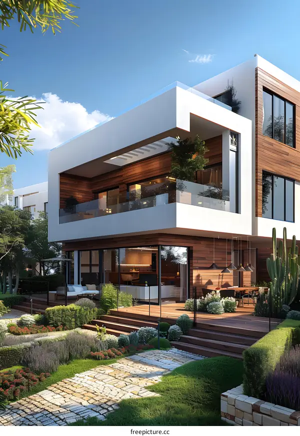 A modern house with a beautiful garden