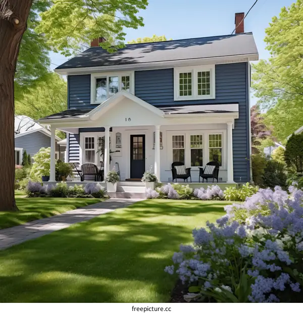 Small blue house with white trim and a big yard