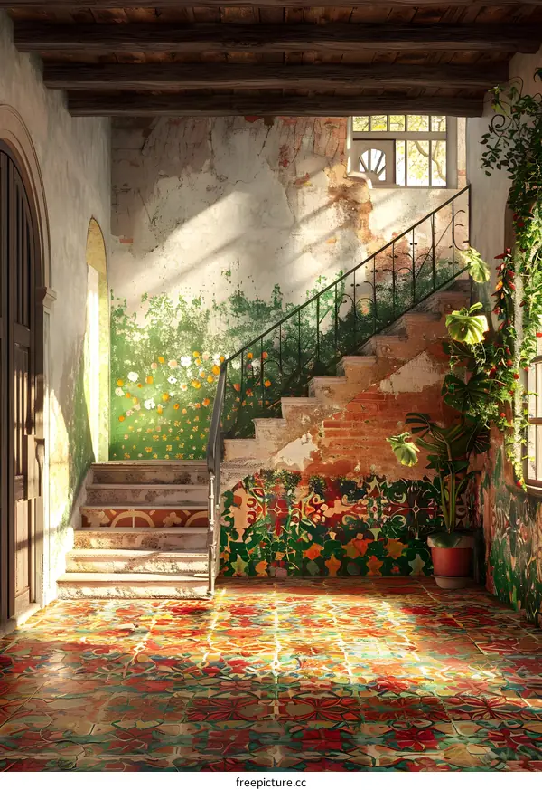 Colorful Tiled Entryway With Staircase