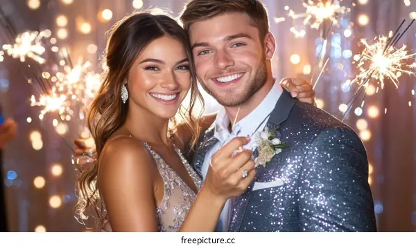 Couple Posing with Sparkler at a Celebration