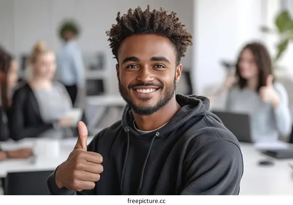 Happy African American Man Giving Thumbs Up in Office