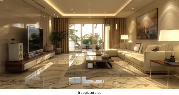 Luxurious Modern Living Room With Large Windows and Marble Floor