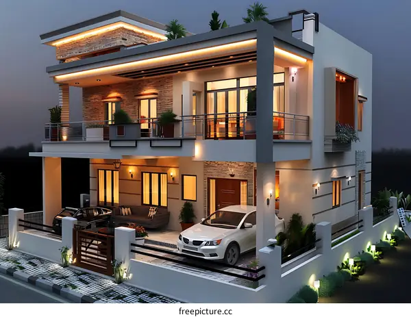 The exterior of a modern house with two cars parked in the driveway.