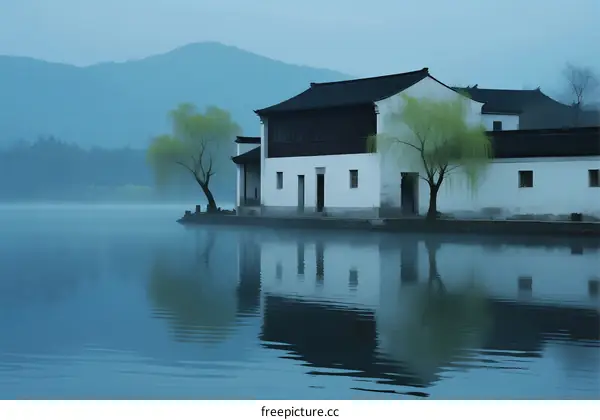 Traditional Chinese House Reflecting on Calm Water Surface at Dawn