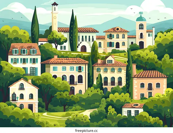 Beautiful Italian Village Illustration