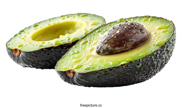 [Transparent Background PNG]Fresh Halved Avocado with Seed and Water Droplets
