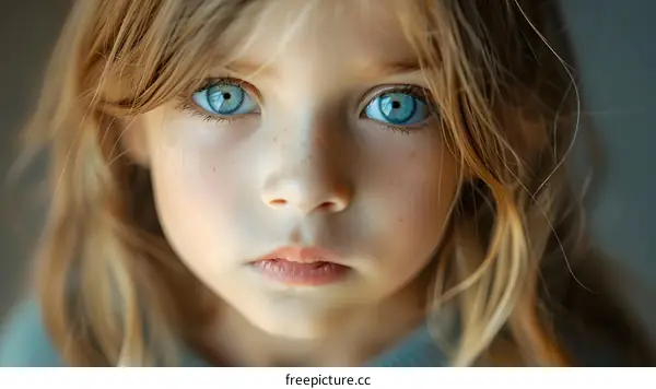 Portrait of a young girl with blue eyes and freckles