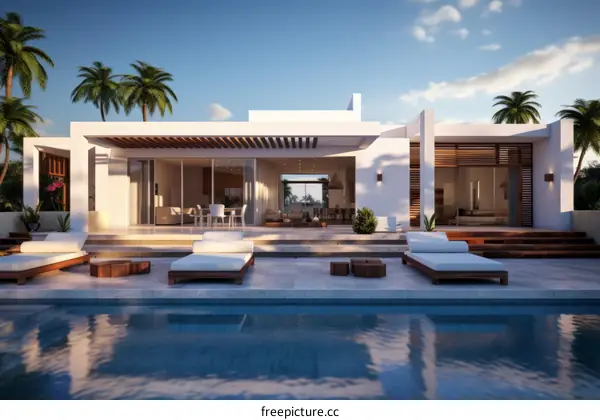 A stunning modern villa with a pool and a beautiful view