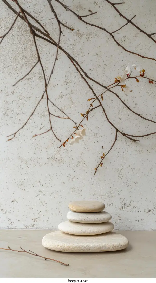 Stacked Stones with Branches and Flowers Aesthetic Still Life