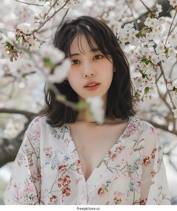 Asian Woman with Short Hair Posing with Cherry Blossoms