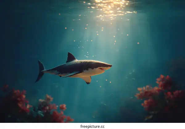 Great White Shark Underwater in Ocean Sunlight