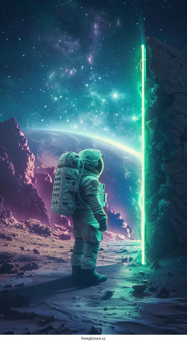 Astronaut in front of a portal on a distant planet