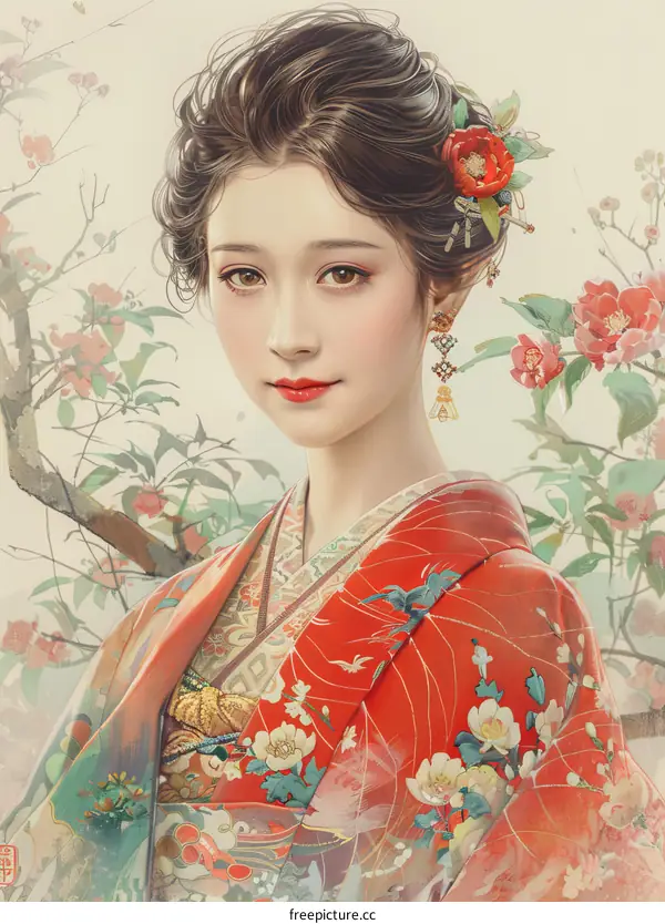A Japanese Geisha with a Red Kimono