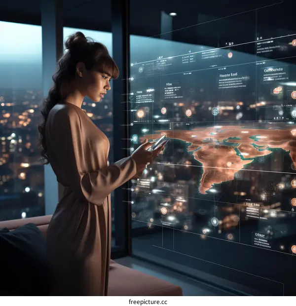 Woman in bathrobe looks at transparent screen showing world map and data
