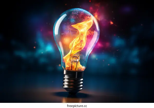 Light bulb with fire flame inside and colorful smoke