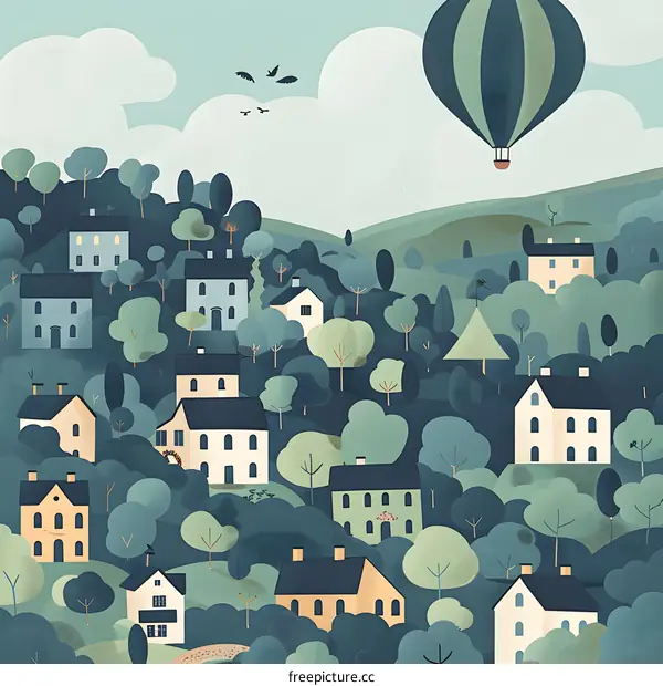 Illustrated Landscape With Houses and Hot Air Balloon