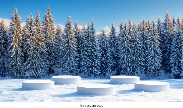 Winter Forest Scene with White Platforms