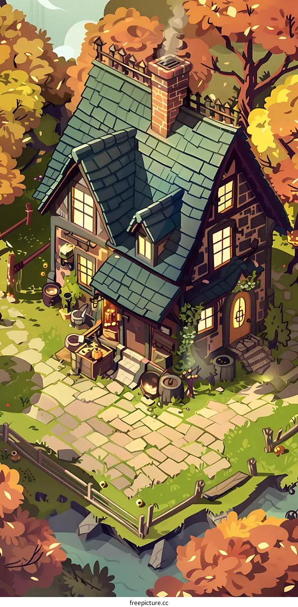 Autumn Cottage Illustration with Green Roof and Stone Wall
