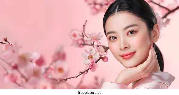 Beautiful Asian Woman with Pink Flowers