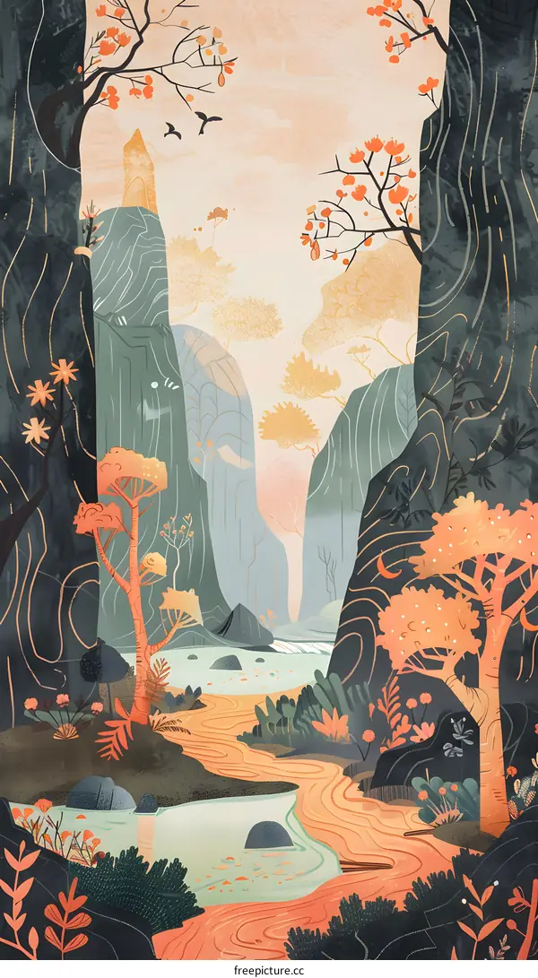 Mountain Landscape Illustration with Trees and River