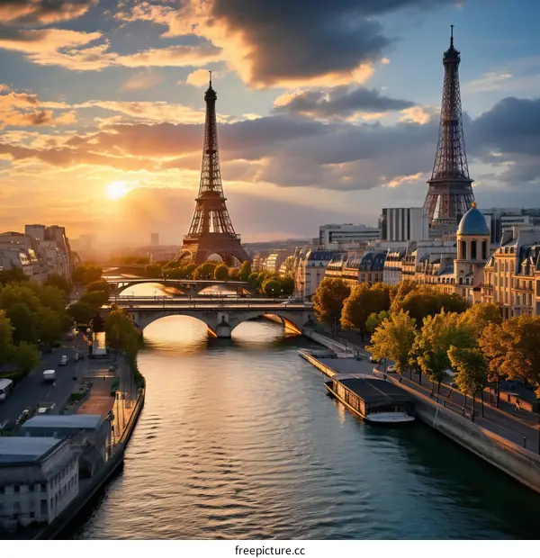 Paris cityscape with Eiffel Tower at sunset
