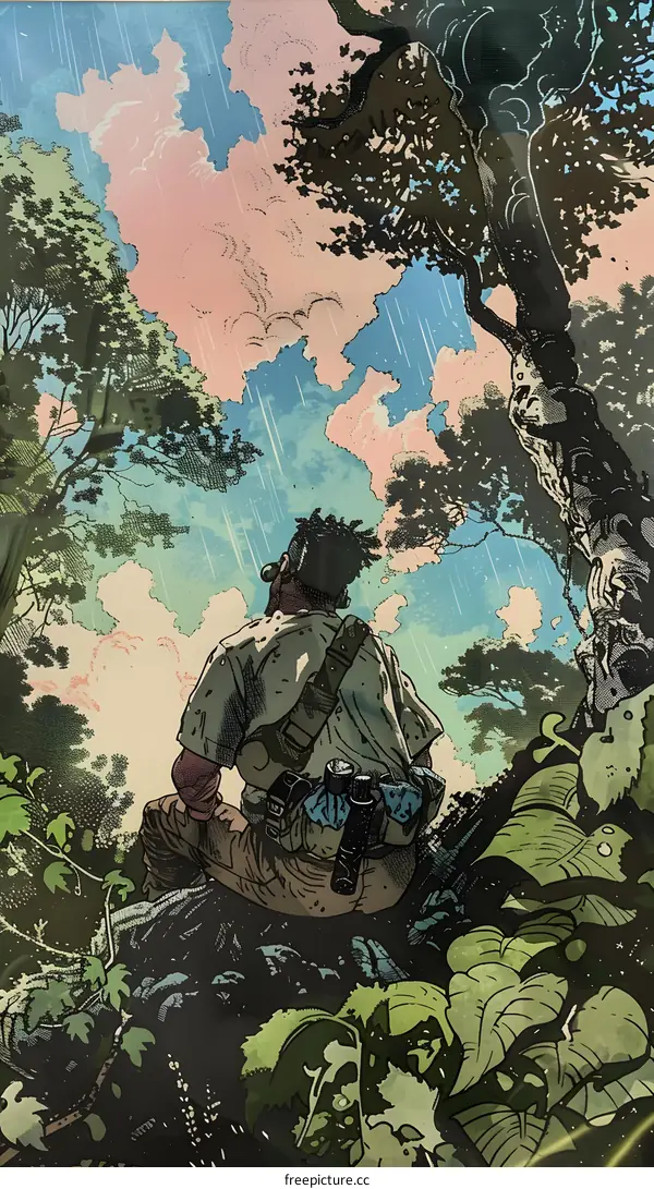 Man Looking Up at the Sky in the Forest