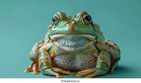 A green and orange frog sits on a blue background