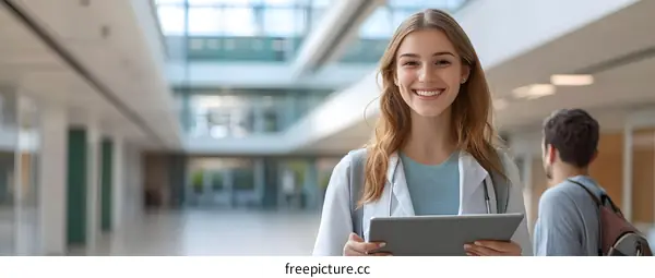 Smiling Female Doctor Using Tablet In Hospital Hallway