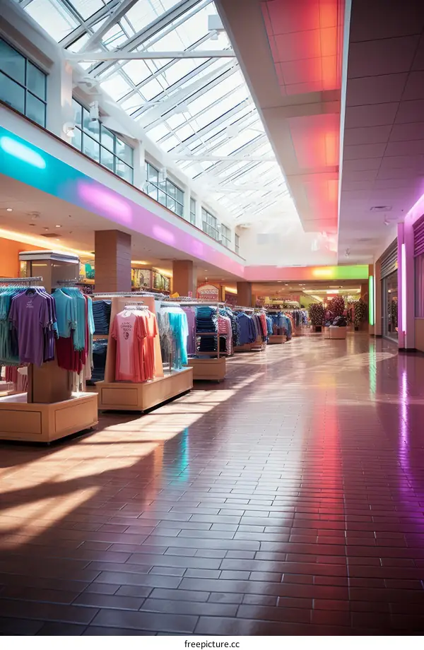 An empty shopping mall with colorful lighting
