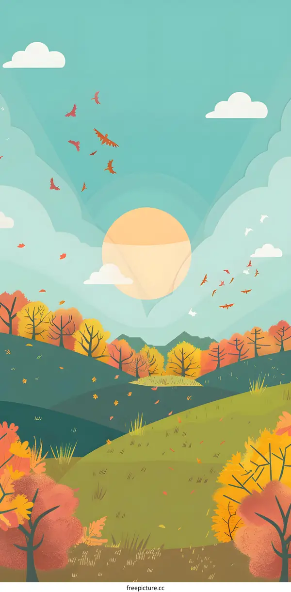 Autumn Landscape with Flying Birds