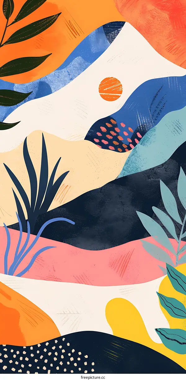 Abstract Colorful Landscape Illustration With Sun And Plants