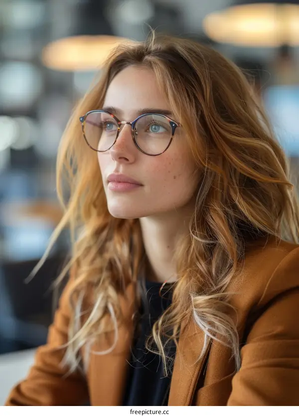 Thoughtful Woman in Cafe with Glasses
