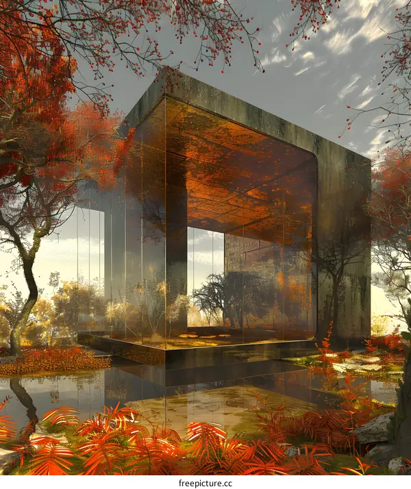 futuristic glass house in the middle of a surreal forest with red leaves