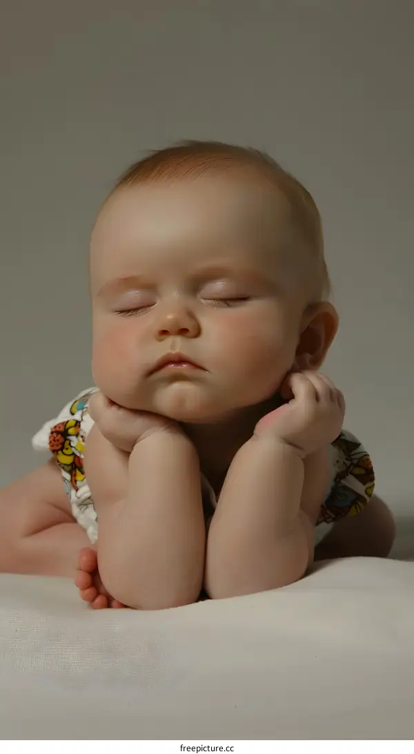 Sleeping Baby with Closed Eyes on a White Blanket