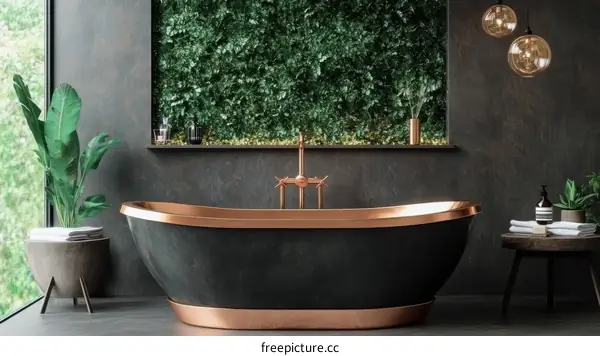 Modern Dark Green Bathroom with Copper Bathtub