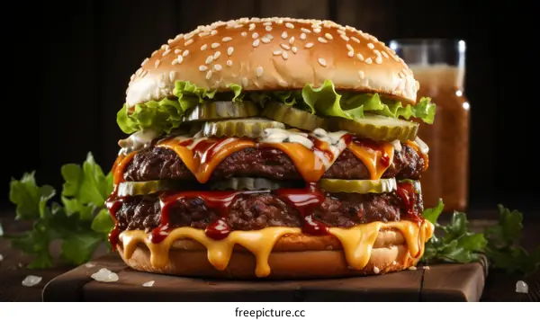 A delicious double cheeseburger with pickles and lettuce