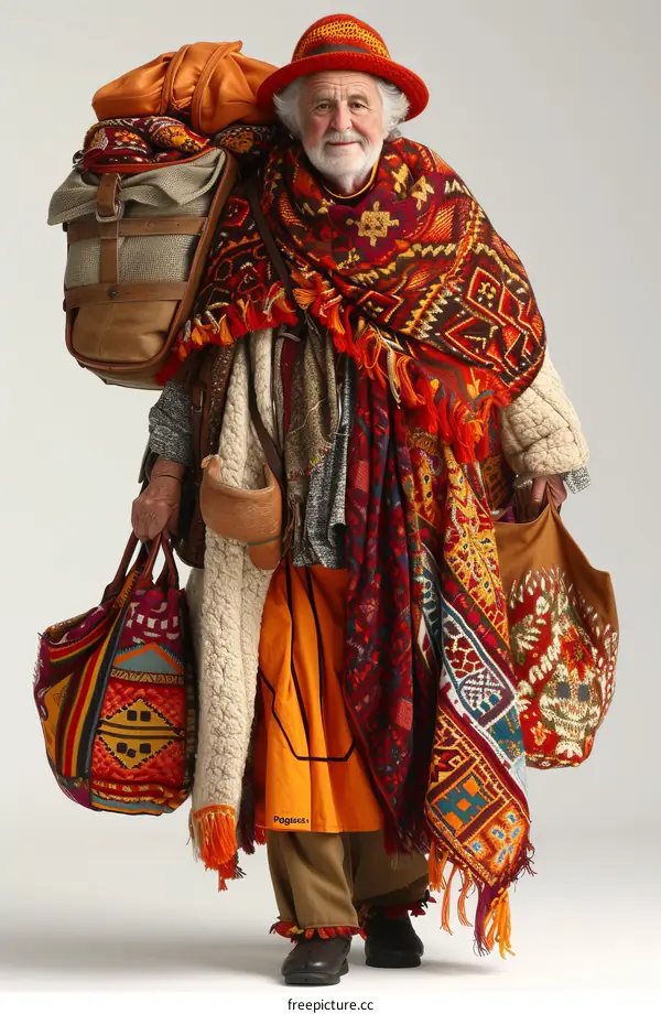 An old man carries a large bundle of belongings on his back and in his hands.