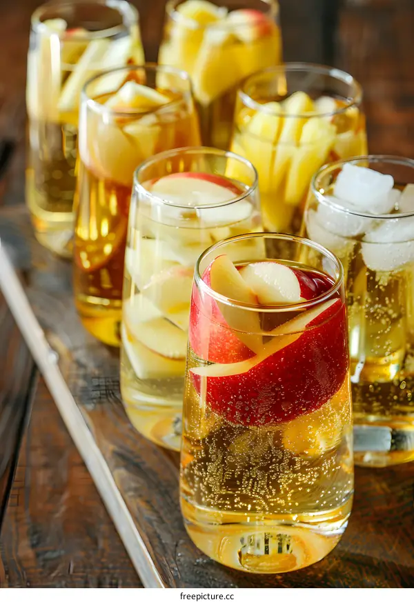 Apple Cider Sangria With Slices of Apples and Ice Cubes in Glasses