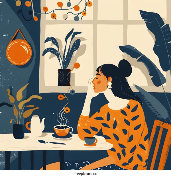 Woman Sitting at Table with Tea and Plants Illustration