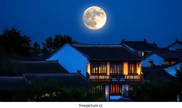 Ancient Chinese Town Under the Full Moon
