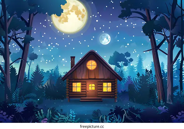 Wooden Cabin In Forest At Night With Full Moon