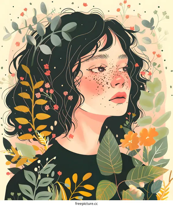 Woman with Freckles Surrounded by Flowers and Plants